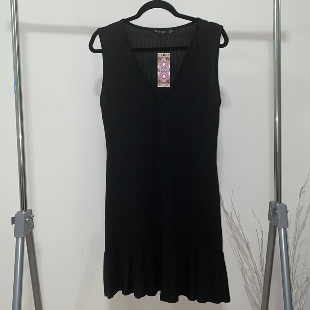 Plunge Rib Frill Mini Dress